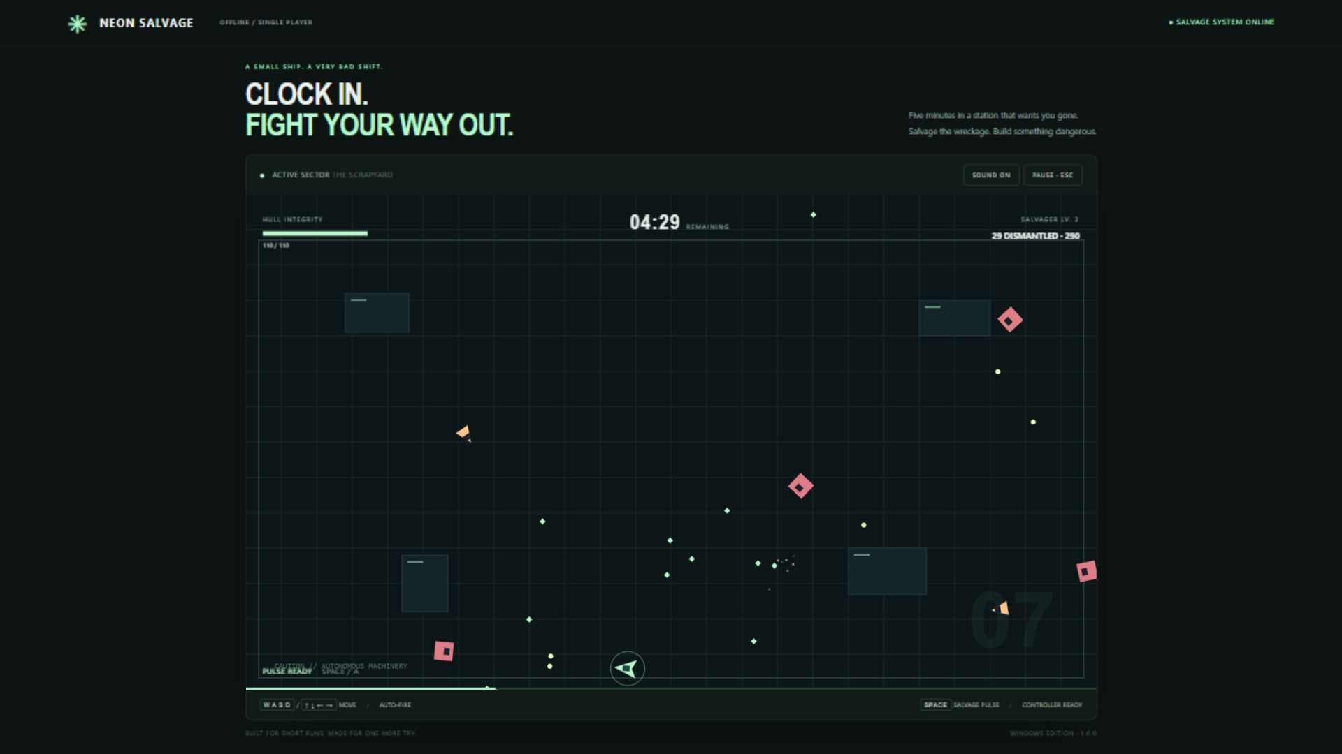 Neon Salvage gameplay showing a salvage ship, enemies and scrap in a dark arena