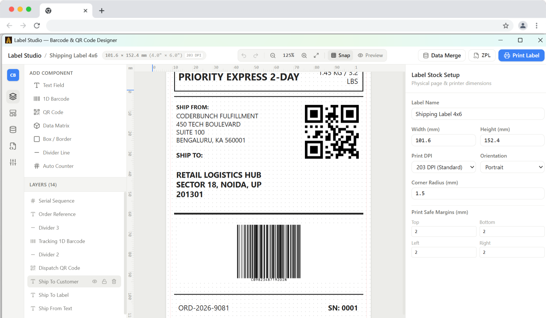 Label Studio showing a 4 by 6 inch shipping label with a barcode, QR code and millimetre rulers